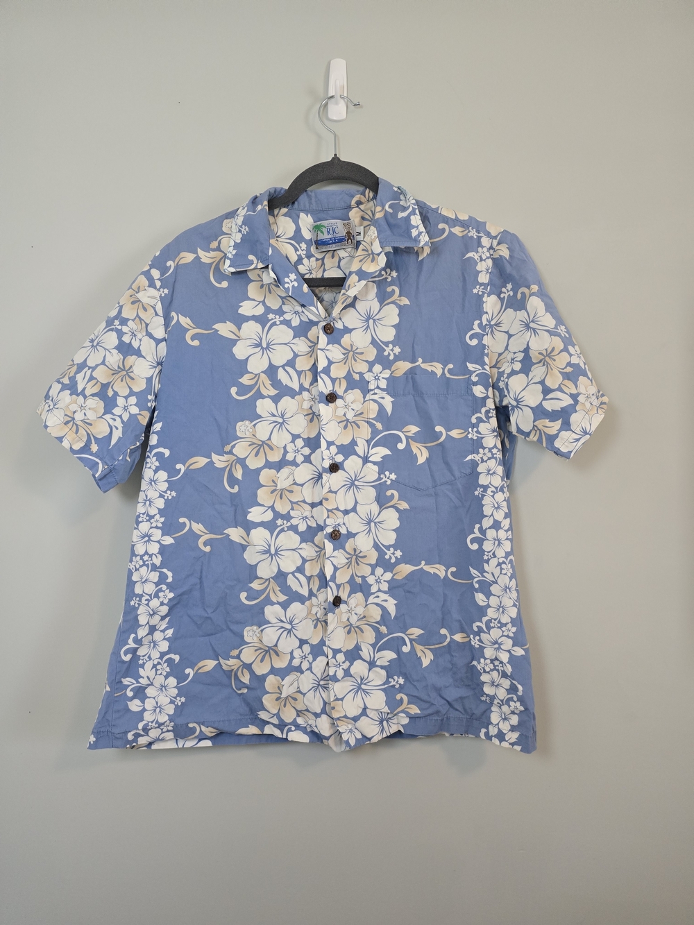 Styled by RJC Blue Hibiscus Floral Hawaiian Aloha Shirt Made in Hawaii M